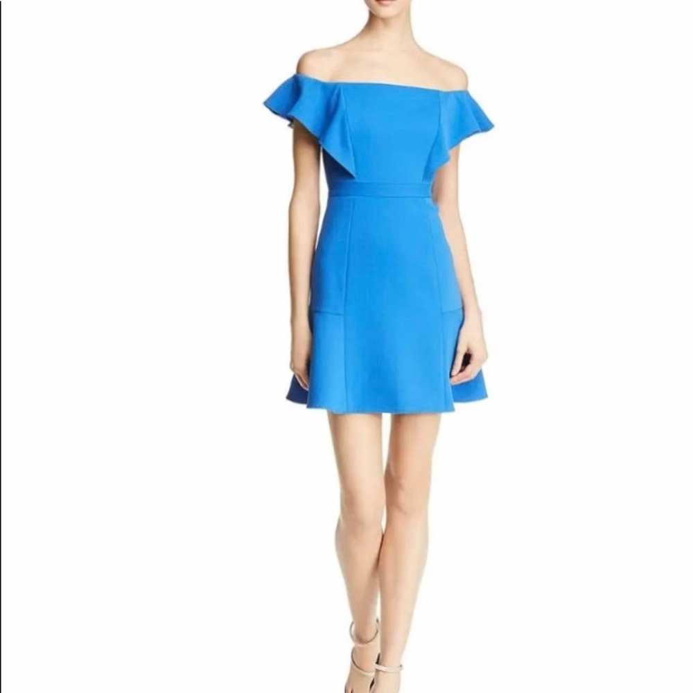 BCBG MaxAzria off the shoulder blue cocktail dress